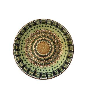 Handcrafted Romanian Redware Ceramic Plate 12" Intricate Green & Brown Pattern